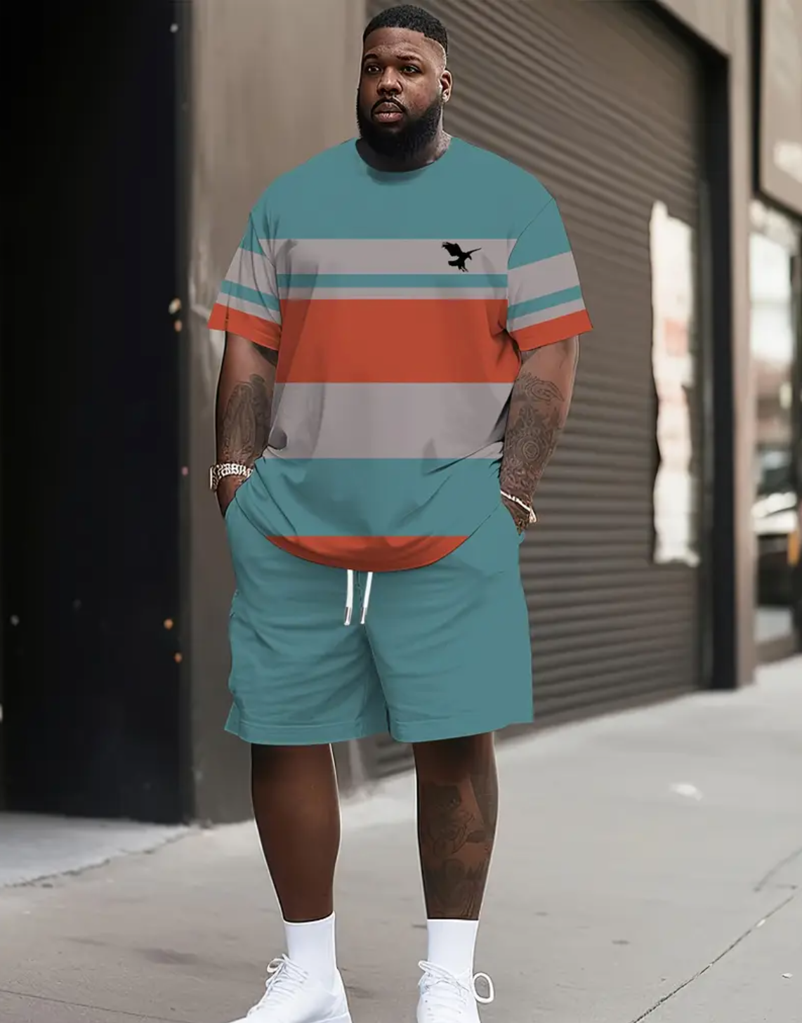 Plus Size Men's Summer Casual Sportswear Set, Breathable 3D Printed Crew Neck T-Shirt and Shorts, Knitted Fabric, Slightly Stretchy, Regular Fit, Outdoor Casual Wear Plus