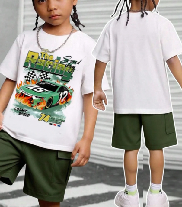 2pcs Kids Boy Streetwear Car Print White Short Sleeve T-Shirt & Solid Green Cargo Pants Set,