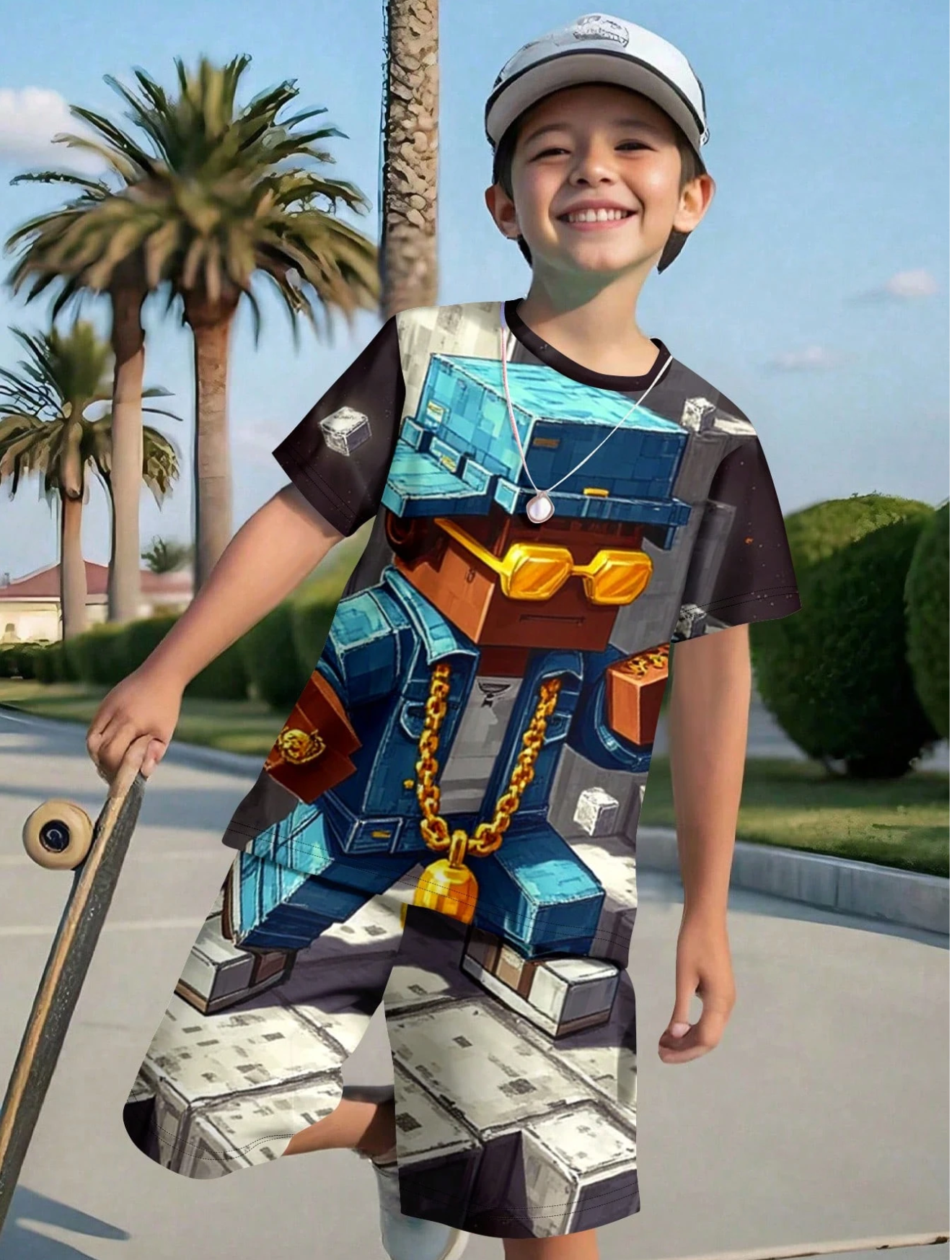 SHEIN 2pcs/Set Tween Boy Casual Minimalist Short Sleeve Crew Neck Outfit, Suitable For Summer