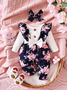 SHEIN Baby Girl Floral Print Ruffle Trim Bow Front 2 In 1 Jumpsuit & Headband