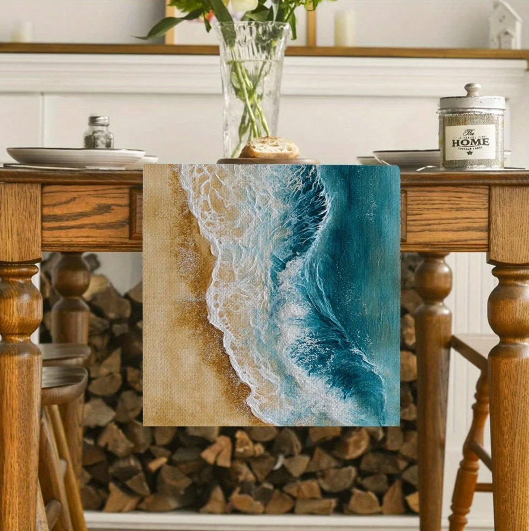 Vibrant Ocean Wave Table Runner - 100% Polyester, Square, Artistic Blue & White Marbled Design For Dining,