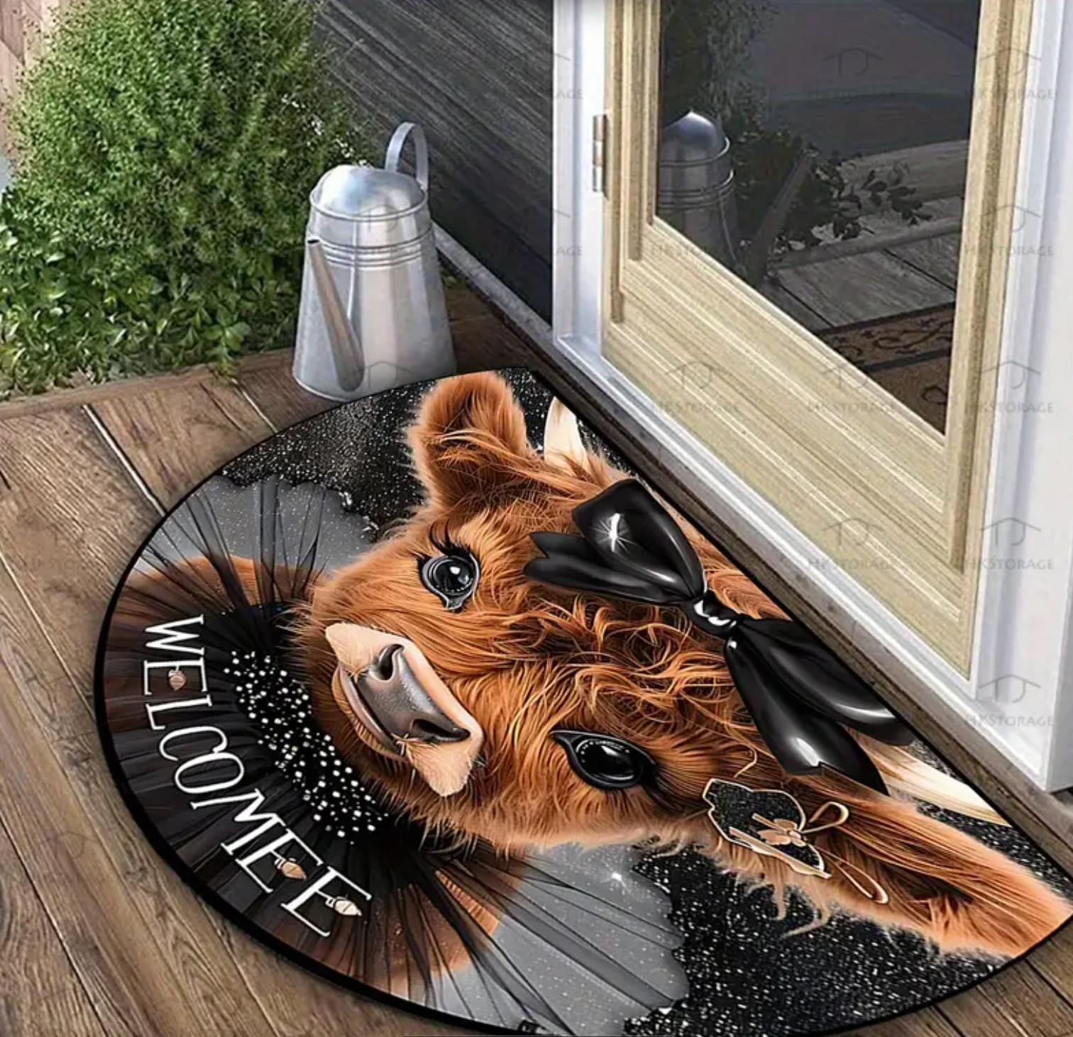 Charming Highland Cow Welcome Mat - Non-Slip Machine Washable Half-Circle Doormat with Sparkling Stars & Bow Design, 100% Polyester Indoor/Outdoor Mat for Farmhouse Decor, Living Room, Kitchen, Entryway, Outdoor Mat | Playful Decor | Polyester Mat