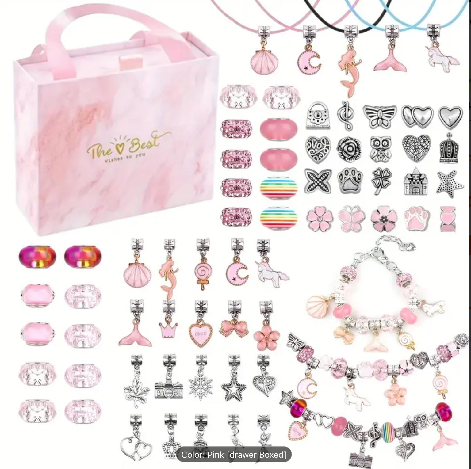 66pcs DIY Charm Bracelet Making Kit with Unicorn Mermaid Pink Craft Jewelry Set, Perfect for Birthday and Christmas New Year Jewelry-Making Supplies