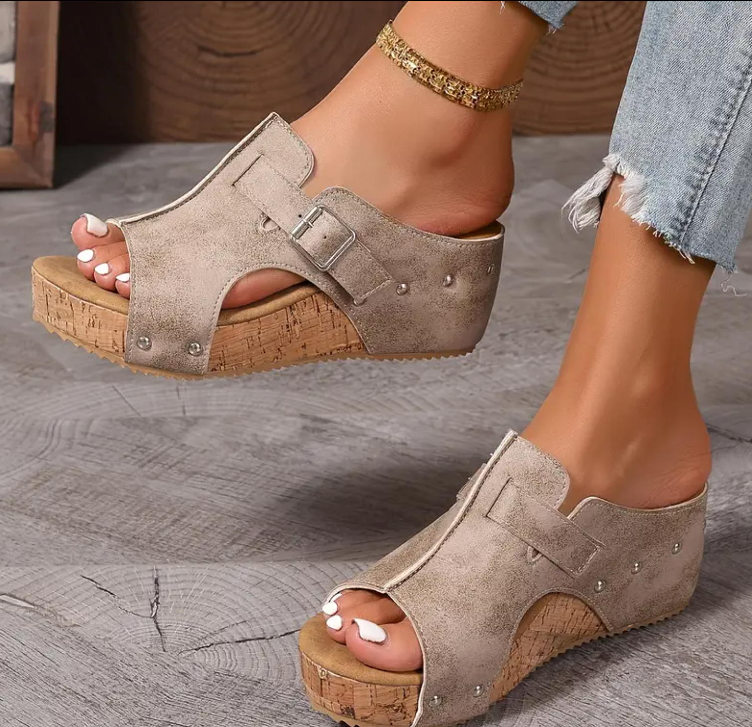 Women'S Summer Brown Wedge Sandals with Metallic Buckle & Rhinestone Accents - Slip-On Open-Toe Platform Shoes, Thick Rubber Sole for Beach, Vacation, Bohemian Style, Chunky Heel Sandals, Vacation Footwear, Bohemian Style Footwear, Synthetic Cover Upper