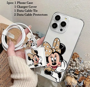 A 5pcs Set Featuring Cartoon Character Minnie Mouse, Including a Mobile Phone Case, a Charger Protective Case, a Data Cable Tie, And Two Data Cable Protective Cases, Compatible with
