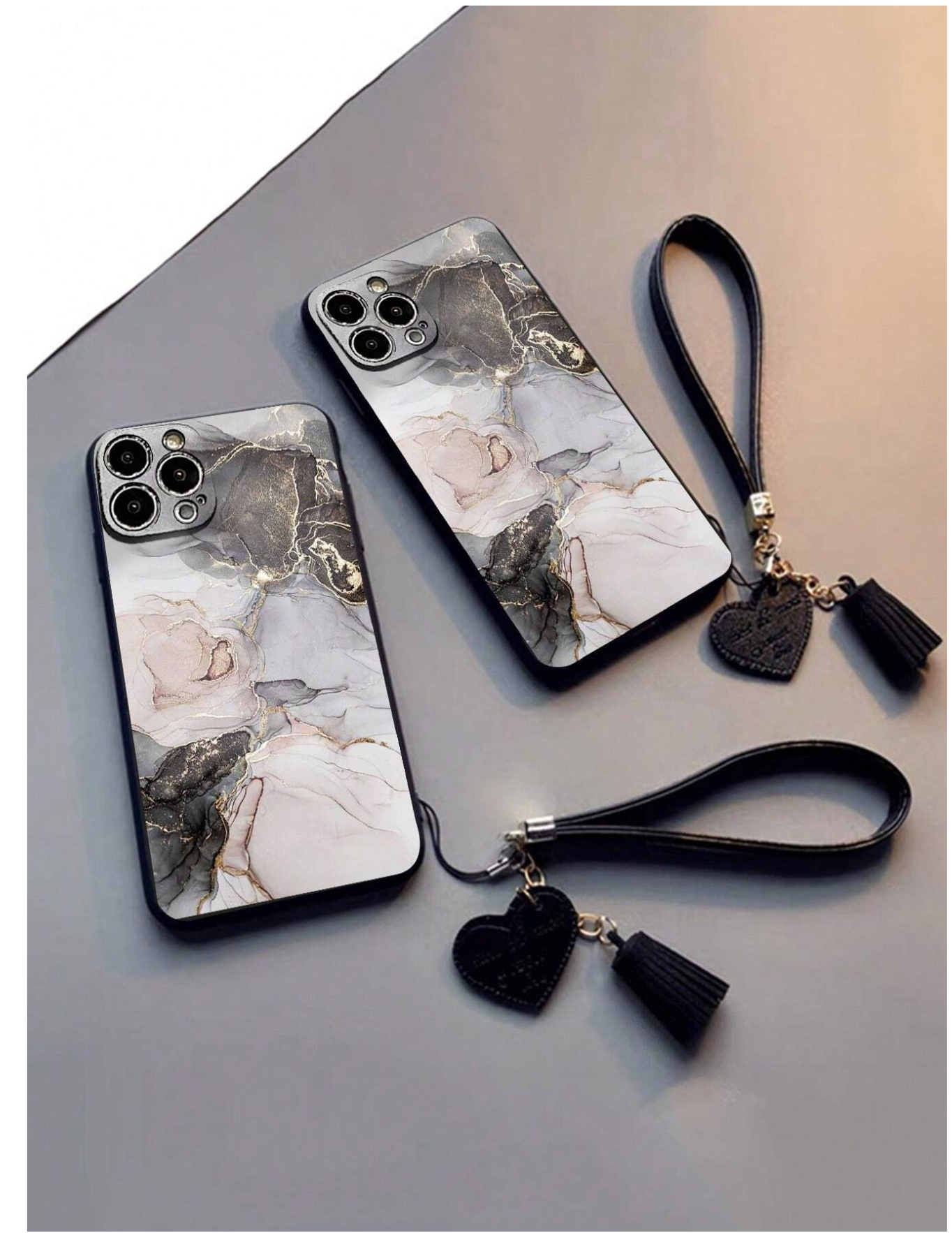 1pc Precision Perforated Straight Edge Marble Painted Anti-Drop Soft Phone Case With Detachable New Leather