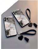 1pc Precision Perforated Straight Edge Marble Painted Anti-Drop Soft Phone Case With Detachable New Leather