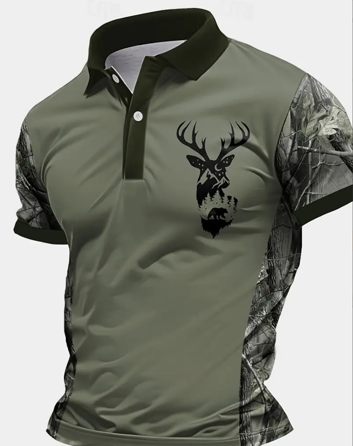 Men's Quick-Dry Camouflage Shirt with Deer Head Print - Breathable Short Sleeve Button-Up Collar, All-Season Outdoor Hunting & Hiking Clothing, Machine Washable Trekking Gear, Hiking Gear, Comfortable Fit, PLUS SIZE