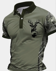 Men's Quick-Dry Camouflage Shirt with Deer Head Print - Breathable Short Sleeve Button-Up Collar, All-Season Outdoor Hunting & Hiking Clothing, Machine Washable Trekking Gear, Hiking Gear, Comfortable Fit, PLUS SIZE