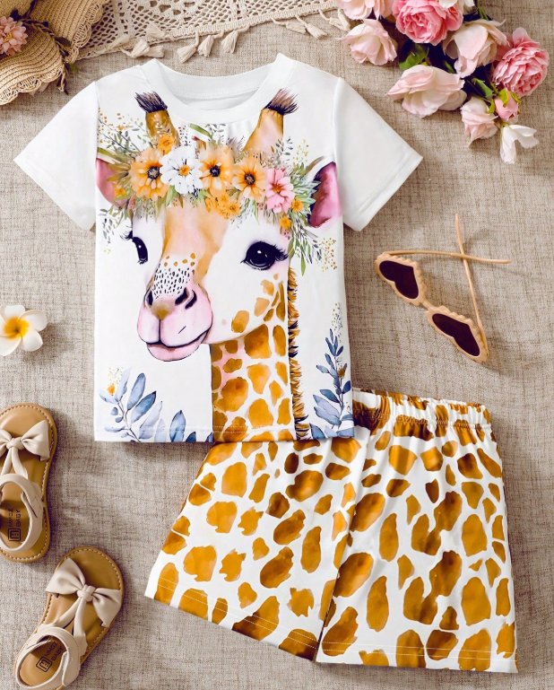 2pcs/Set Toddler & Young Girl Cartoon Deer Print Casual T-Shirt & Shorts Outfit,