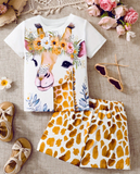2pcs/Set Toddler & Young Girl Cartoon Deer Print Casual T-Shirt & Shorts Outfit,