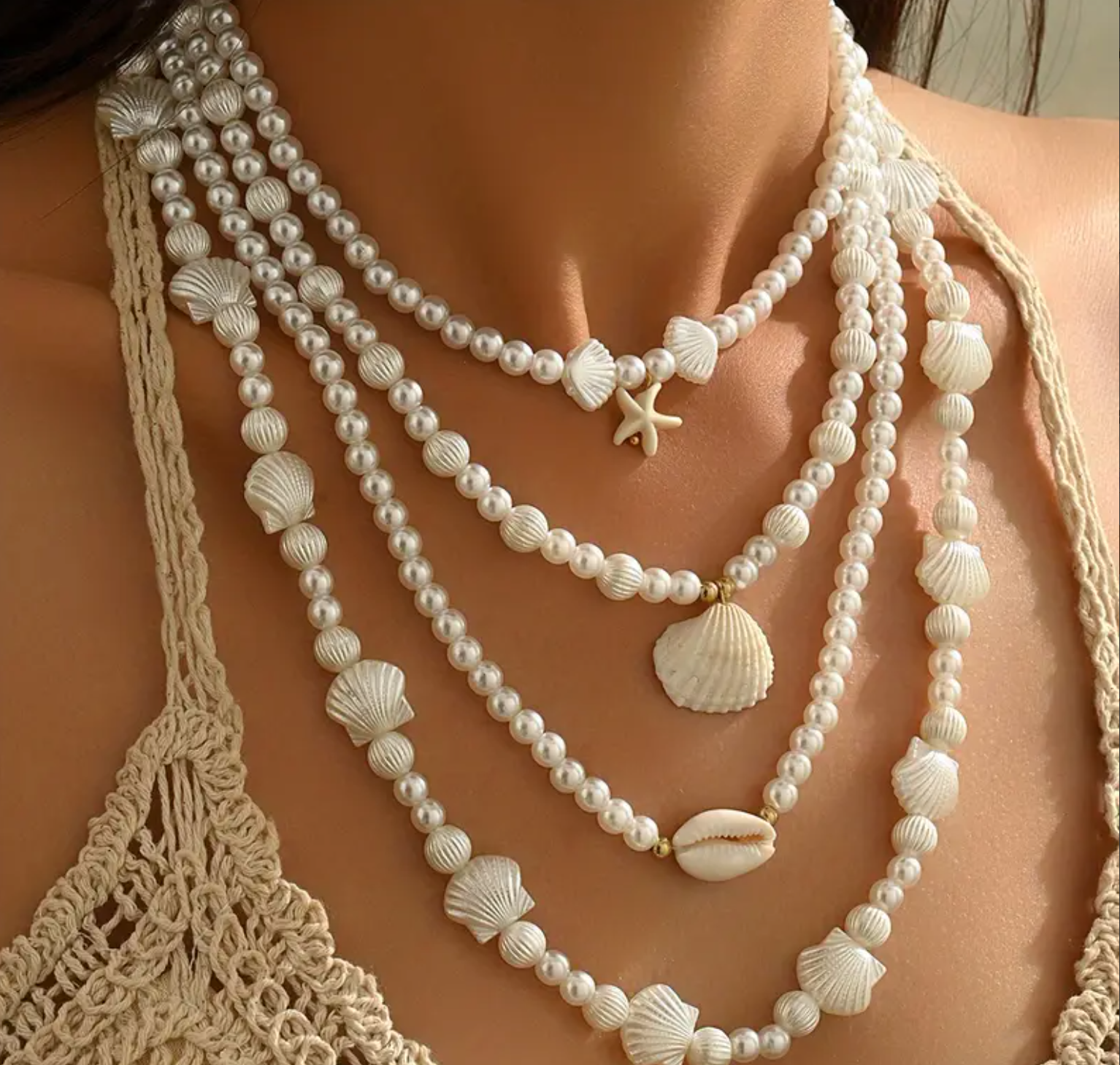 4pcs Boho Nautical Style Imitation Pearl Necklace Set with Fan, Starfish, and Shell Charms
