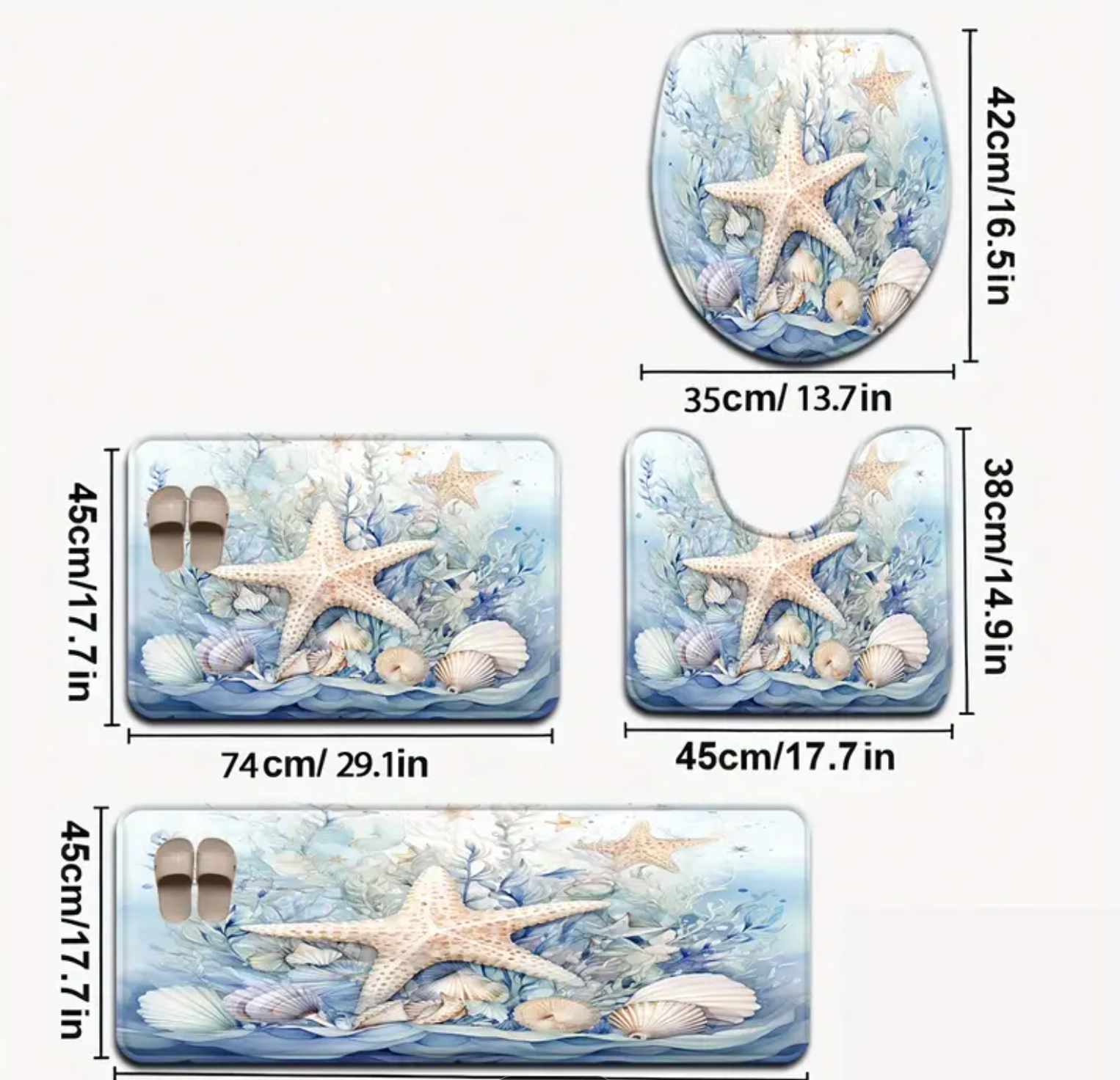 Open 3pcs/4pcs Ocean Series Ink Blue Background Shell Pattern Bathroom Mat Set Toilet Seat Ring U-shaped Foot Pad