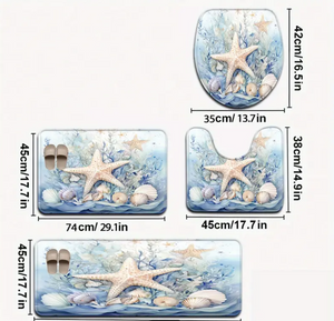 Open 3pcs/4pcs Ocean Series Ink Blue Background Shell Pattern Bathroom Mat Set Toilet Seat Ring U-shaped Foot Pad