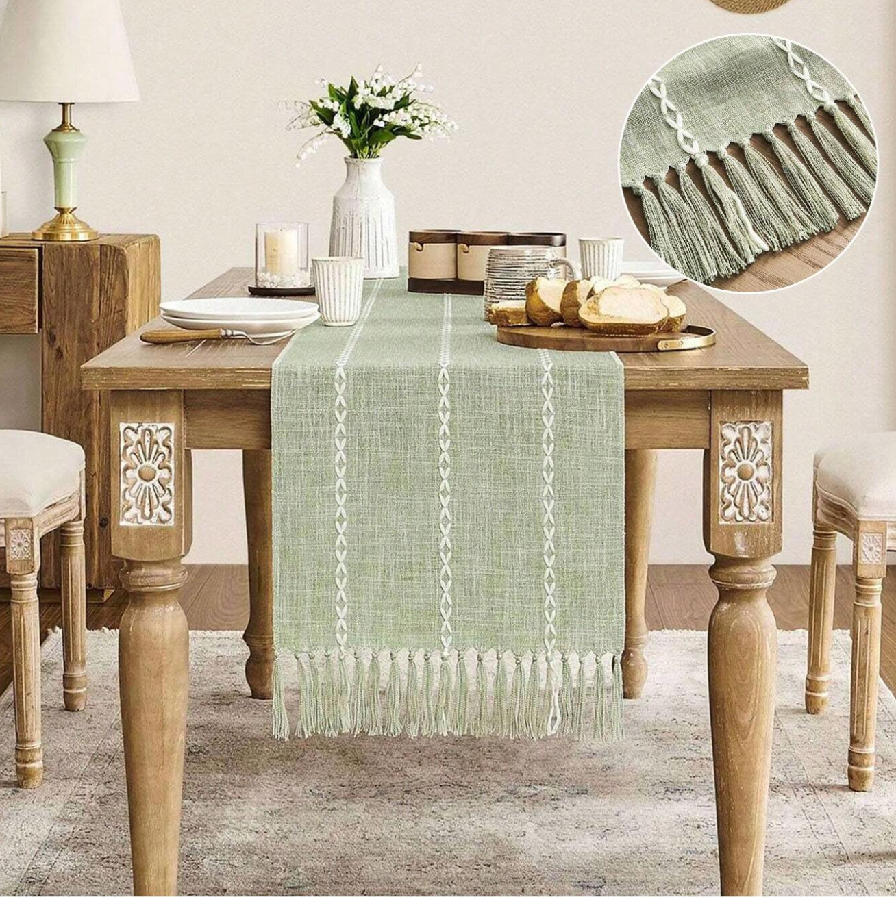 1PC Retro Country Style Bohemian Woven Table Runner, Handmade Tassel Lace Knotted Tassel,