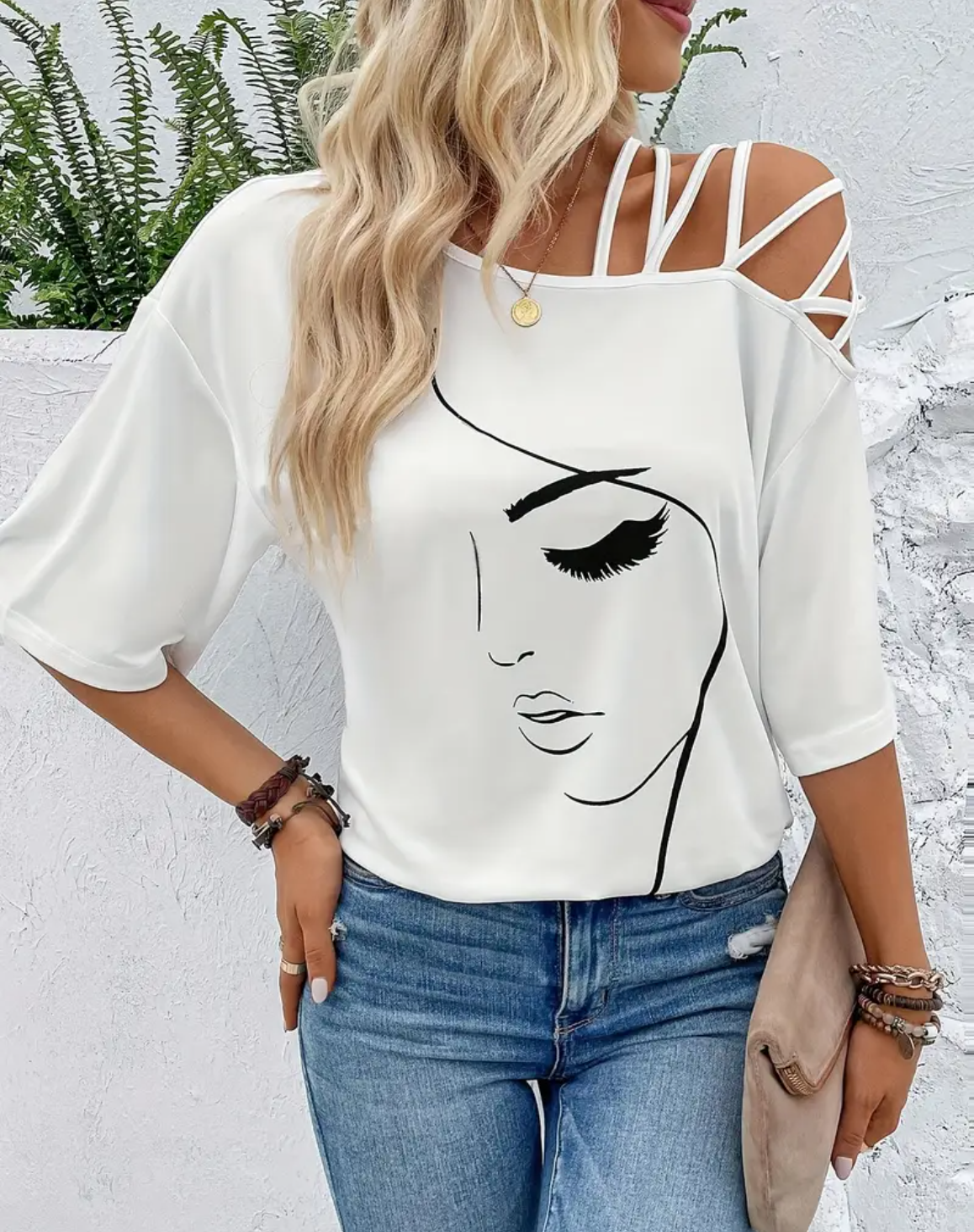 Ladies Print Cold Shoulder-Shirt