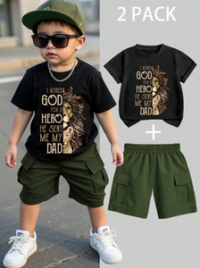 SHEIN Summer Young Boys Stylish Letter & Lion Head Print Short Sleeve Top + Cargo Shorts 2 Pieces Outfit,