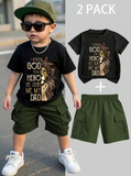 SHEIN Summer Young Boys Stylish Letter & Lion Head Print Short Sleeve Top + Cargo Shorts 2 Pieces Outfit,