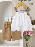 2-Piece Set Young Girls Boho Style Hollow Lace Trim Camisole And Casual Shorts Set, Perfect For Summer