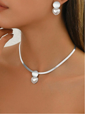 3pcs Set Elegant Fashion Versatile Textured Collarbones Heart-Shaped Pearl French Vintage Jewelry Set