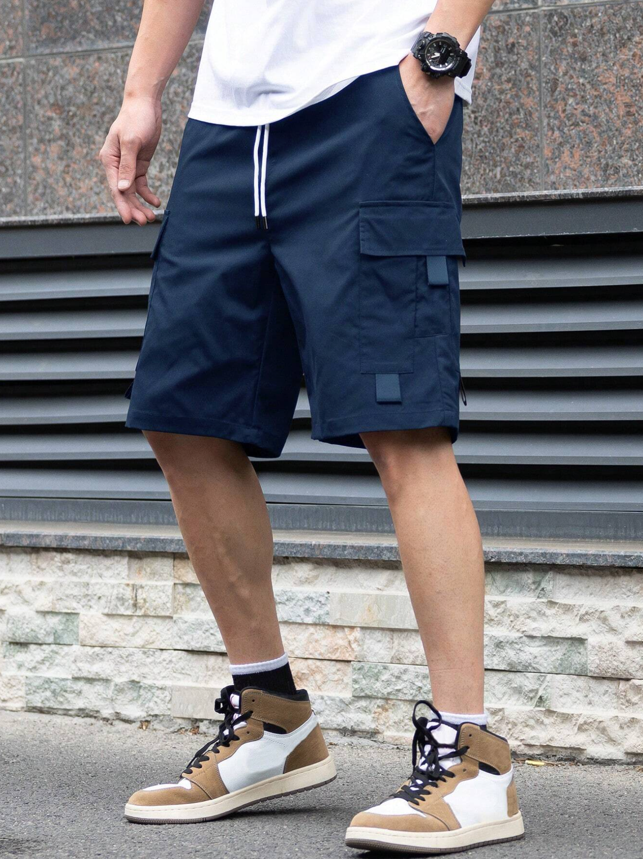 Manfinity Homme Men's Ins Fashion Street Drawstring Work Shorts, Men's Street Shorts, Cool And