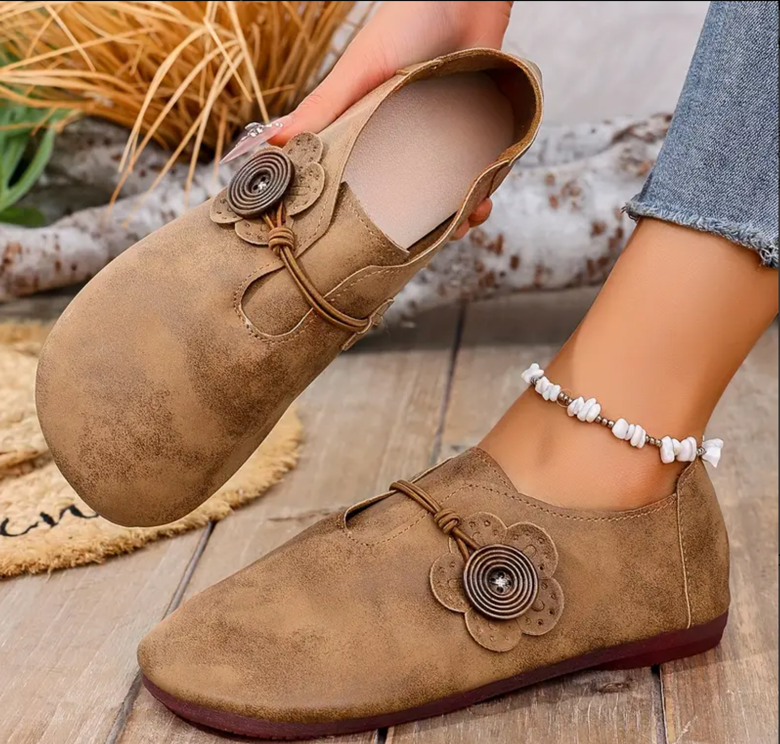 Women'S Vintage Slip-On Flats with Floral Accents - Comfortable Round Toe, All-Season Casual Shoes, Rubber Sole, Synthetic Upper, Slipon Shoes|Floral Embellished Shoes|Rubber Sole Shoes