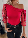 SHEIN Clasi Red T-Shirt With Polka Dot Mesh Sleeves And Asymmetrical Shoulder Tie