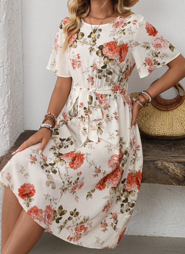 EMERY ROSE Women's Resort Floral Print Round Neck Short Sleeve Casual Mid-Length Dress