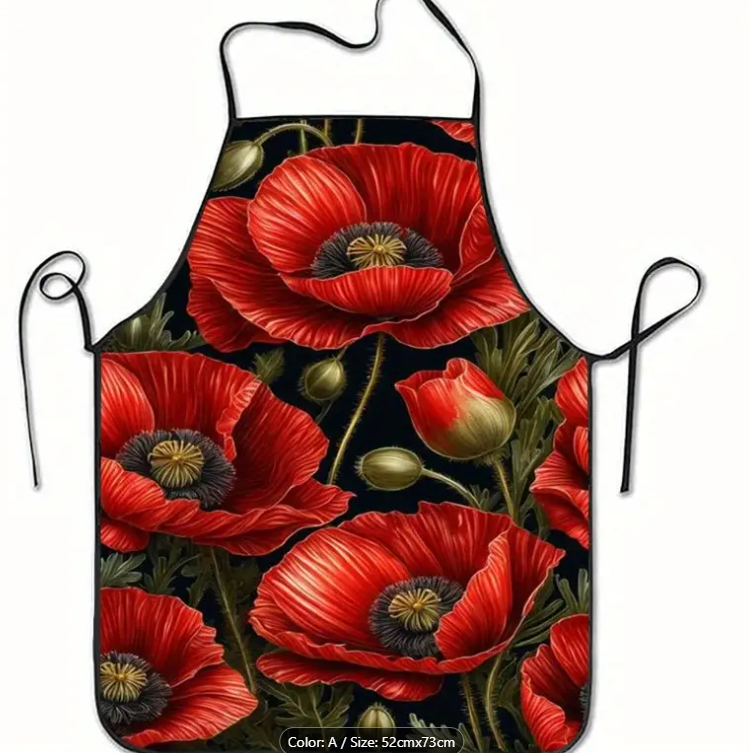 1pc Mother's Day Red Poppies Print Sleeveless Polyester Apron - Vibrant Floral Design with Green Leaves, Durable & Stylish for Kitchen Baking, Cooking, or Work