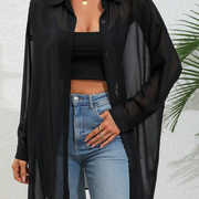 LUNE Solid Color Front Button Sheer Casual Long Sleeve Shirt