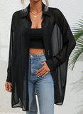 LUNE Solid Color Front Button Sheer Casual Long Sleeve Shirt