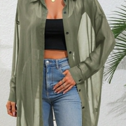 LUNE Solid Color Front Button Sheer Casual Long Sleeve Shirt