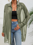 LUNE Solid Color Front Button Sheer Casual Long Sleeve Shirt