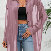 LUNE Solid Color Front Button Sheer Casual Long Sleeve Shirt