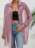 LUNE Solid Color Front Button Sheer Casual Long Sleeve Shirt