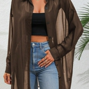 LUNE Solid Color Front Button Sheer Casual Long Sleeve Shirt