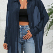 LUNE Solid Color Front Button Sheer Casual Long Sleeve Shirt