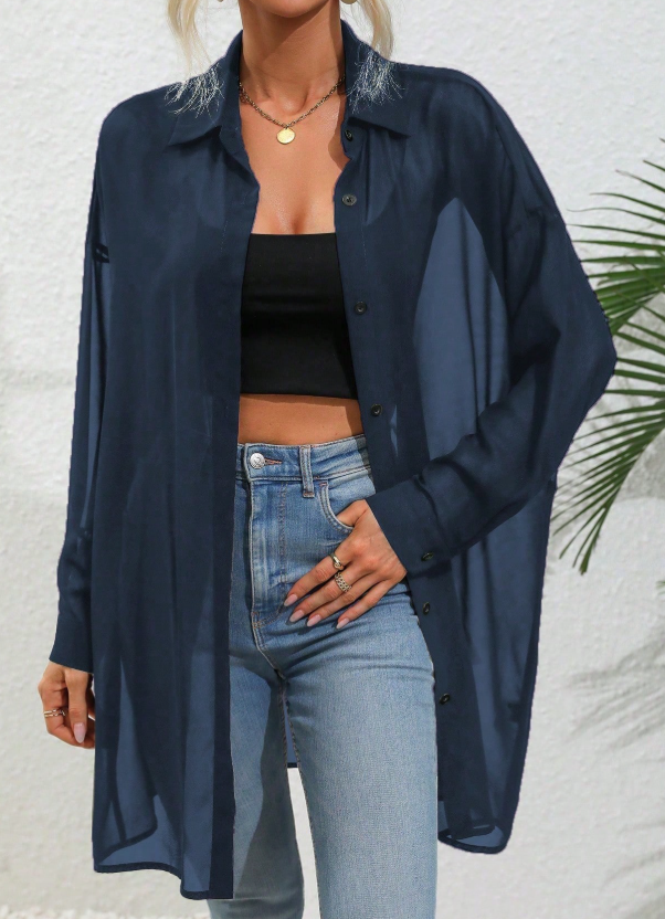 LUNE Solid Color Front Button Sheer Casual Long Sleeve Shirt