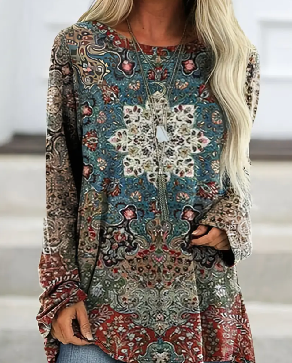 Women's Plus Size Bohemian Floral Print Long Sleeve Top - Loose Fit Round Neck Casual Shirt