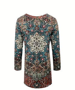 Women's Plus Size Bohemian Floral Print Long Sleeve Top - Loose Fit Round Neck Casual Shirt