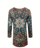 Women's Plus Size Bohemian Floral Print Long Sleeve Top - Loose Fit Round Neck Casual Shirt