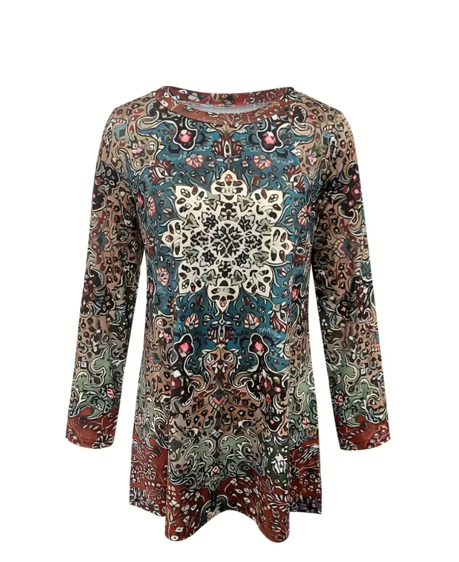 Women's Plus Size Bohemian Floral Print Long Sleeve Top - Loose Fit Round Neck Casual Shirt