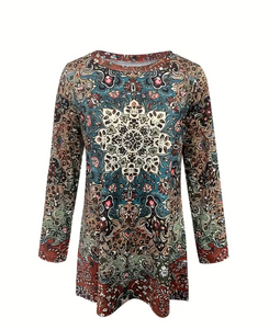 Women's Plus Size Bohemian Floral Print Long Sleeve Top - Loose Fit Round Neck Casual Shirt