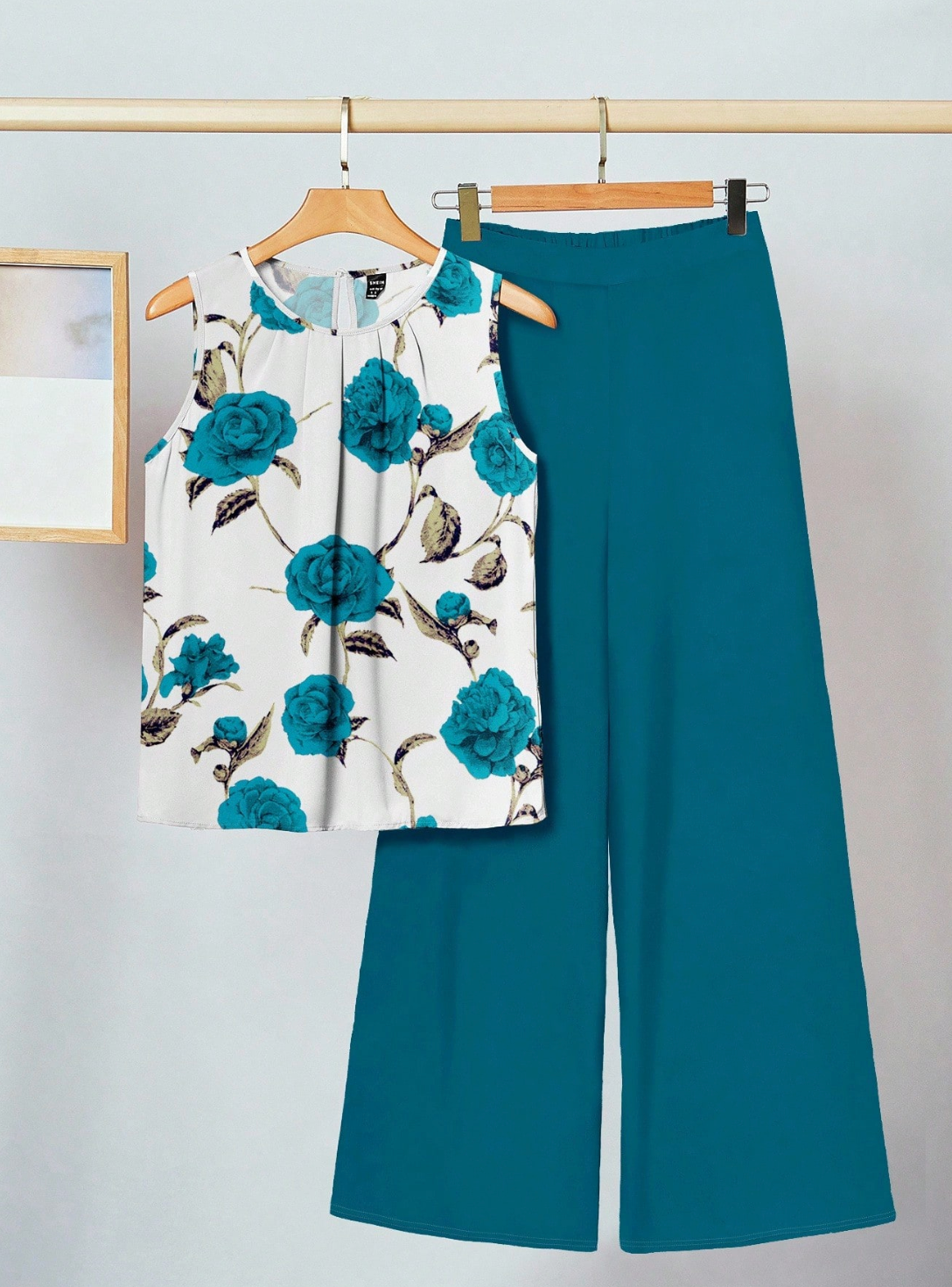 SHEIN Clasi 2pcs Green Floral Pattern Women's Set, Suitable For Summer