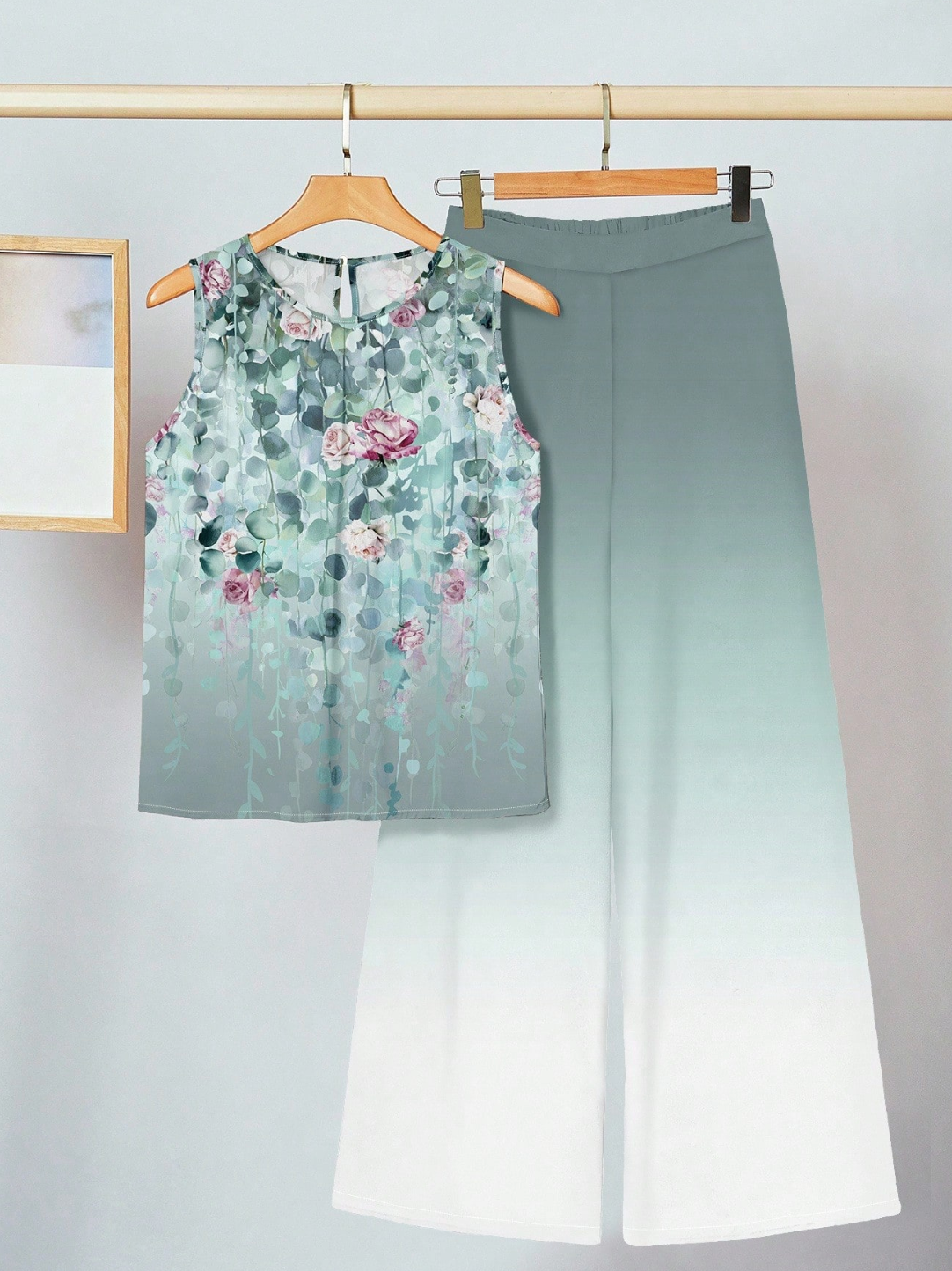 Clasi 2pcs Women Ombre Floral Pattern Casual Set, Suitable For Summer