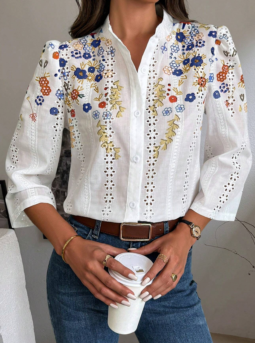Ladies Clasi Floral Embroidery Button Front Shirt