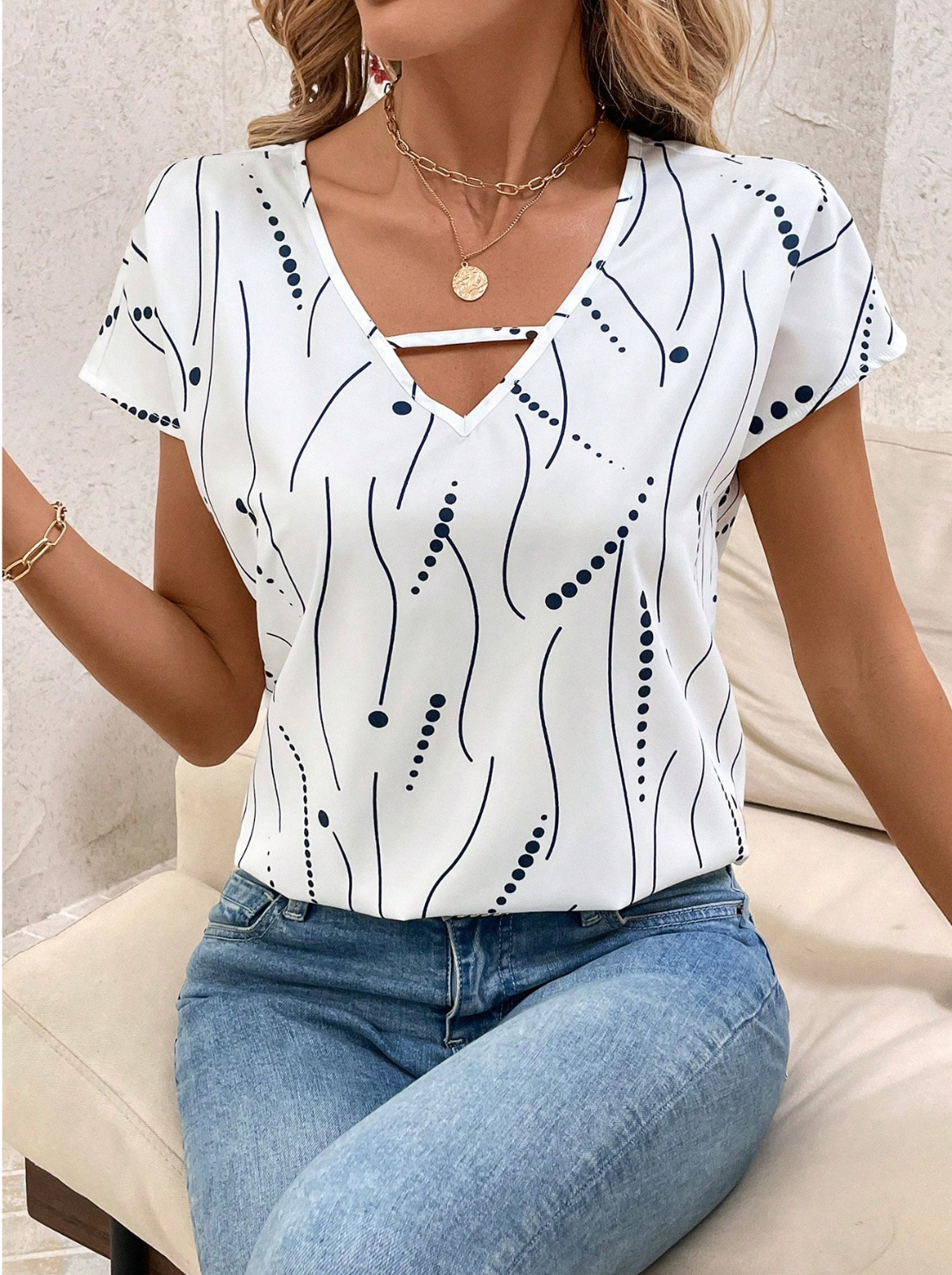 SHEIN Clasi Women Hollow-Out Allover Print Casual Short Sleeve Top