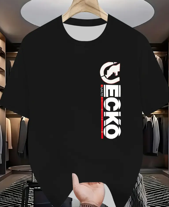 Men'S Plus Size "ECKO" Graphic T-Shirt - White Casual Summer Tee with Red & Black Design, Round Neck, Short Sleeve, Stretchy Knit Fabric, Sporty & Stylish for Casual Attire, PLUS SIZE,