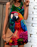 Women's Vibrant 3D Tropical Parrot Print Sleeveless Dress