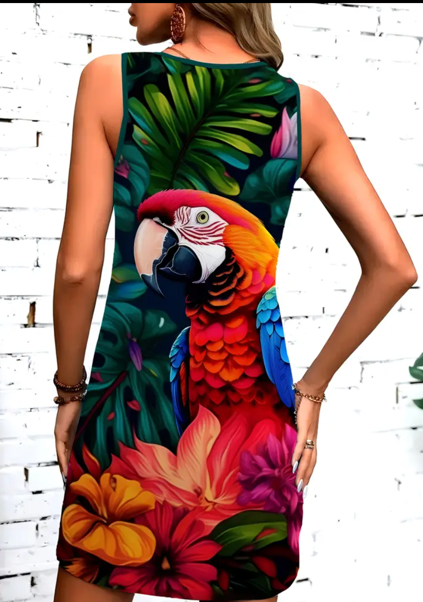 Women's Vibrant 3D Tropical Parrot Print Sleeveless Dress